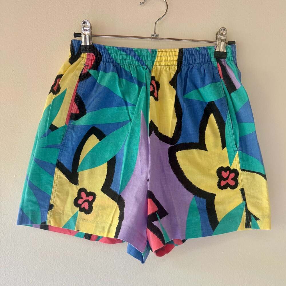 Vintage Cotton Topical Floral High-Waisted Elastic Waist Shorts